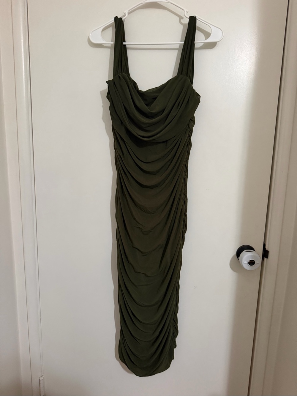 Olive Green Ruched Midi Dress with Cowl Neck